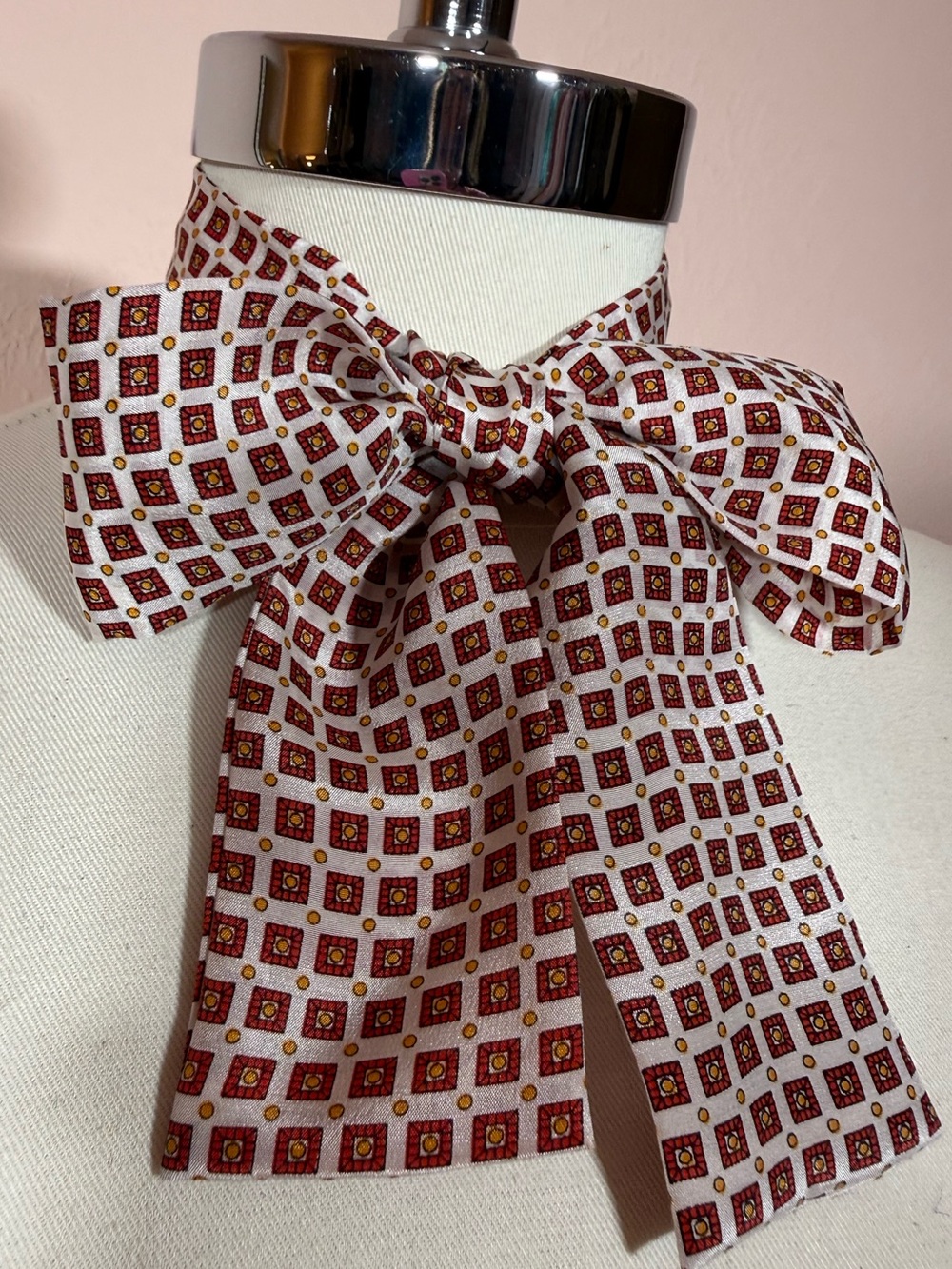 Vintage burgundy square art deco polka dot silk bow neck scarf Twilly